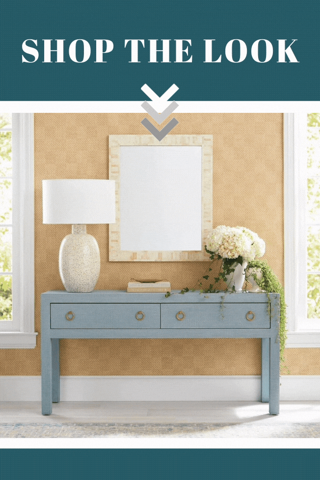 blue console table for modern coastal entry ways. Open console table with drawers in blue grasscloth cover and gold hardware