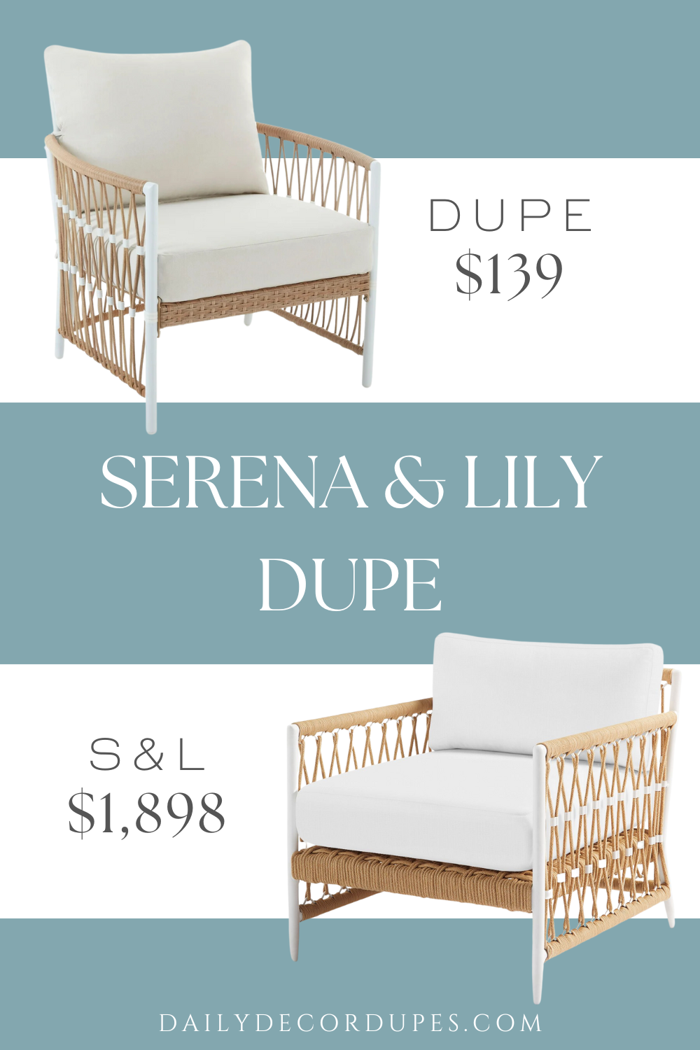 Serena and Lily Salt Creek Lounge Chair Dupe Dupes Light Dune Color. Fabric Perennials Basketweave White. Plush Solution-Dyed Polyester cushions