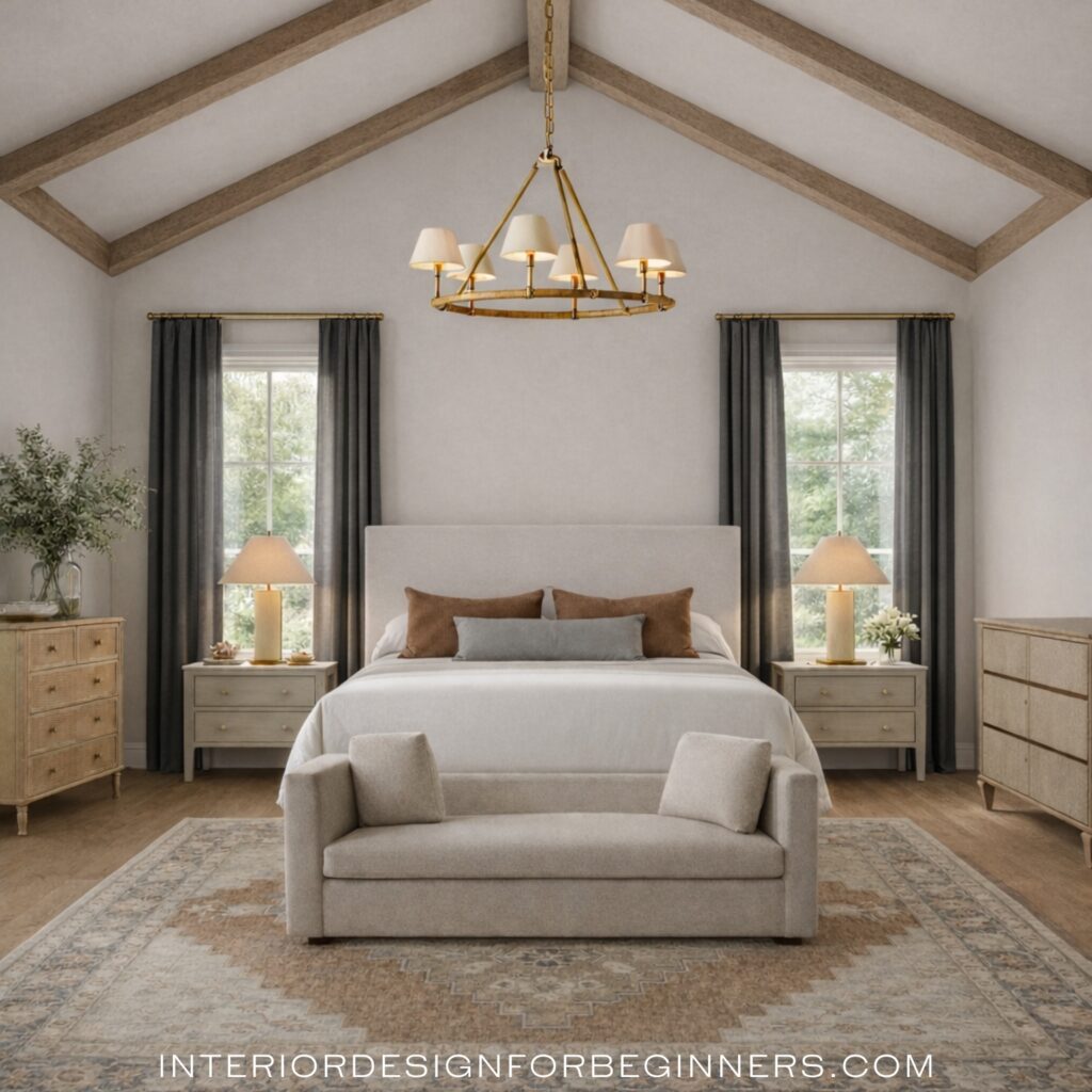 transitional mcgee inspired bedroom wood ceiling beams rustic mountain (4)